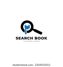 Book logo and magnifying glass. Unique bookstore and search logo design template.