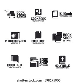 Book logo set flat black style isolated on background for use bookshop, bookstore, cookbook, book-talk, photo-education, market, sale etc. Vector Illustration