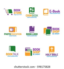 Book logo set flat color style isolated on background for use bookshop, bookstore, cookbook, book-talk, photo-education, market, sale etc. Vector Illustration