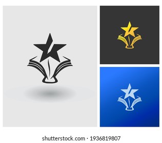 Logotipo del libro con el logotipo de la empresa de espacio negativo estrella y pluma