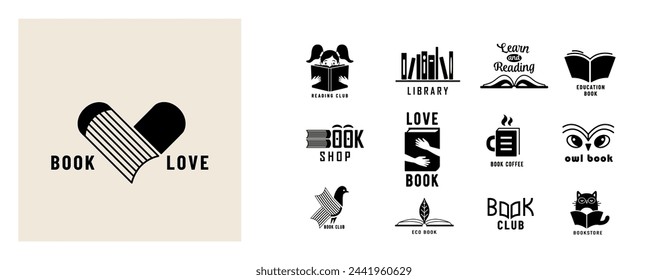 Ilustración de diseño vectorial de logotipo de libro. Concepto de marca de negocios abstracto con forma de libro, signo de texto para la escuela, biblioteca, educación, aprendizaje, estudio. Signo de librería moderna mínima.