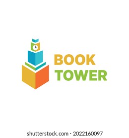 Book logos stacked, overlapping to form a bright colorful tower in rainbow colors. Vector icon. Education symbol