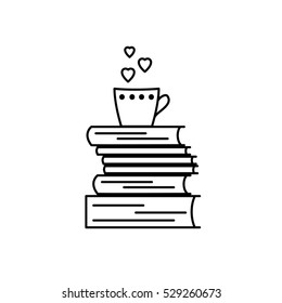 Book love icon. Black and white vector isolated, linear sign. We like books symbol for stores, libraries, collections. I like to read pictogram showing stack of books and mug. Hearts instead of steam