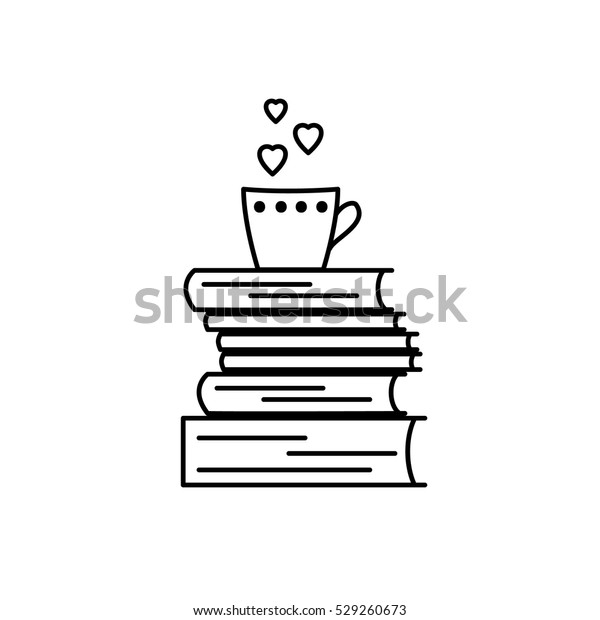 愛の本のアイコン 白黒のベクター画像 線形記号 私たちは店 図書館 コレクションの本のシンボルが好きです 私は本とマグの山を示す絵文字が好きです 蒸気の代わりにハート のベクター画像素材 ロイヤリティフリー