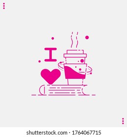 Book love icon. Pink White Vector, linear sign. We like books symbol for stores, libraries, collections. I like to read pictogram showing stack of books and mug. Hearts instead of steam