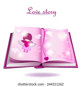 The Book Is A Love Story. Open Book With A Picture. Card For Valentine's Day. Isolated On White Background