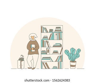 Book lover. Attractive young woman with short hair holding a book. Little girl standing in her comfy room near bookcase. Female character dressed in cozy clothes goind to read. Vector illustration.
