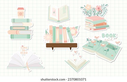 Book Lover Bookworm with Shadow Element, Book with Flower, Stack of Book with Coffee