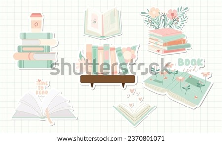 Book Lover Bookworm with Shadow Element, Book with Flower, Stack of Book with Coffee