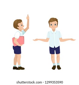 Book lover, the child is learning. Emotions character in different poses Holds a folder, book. Child boy in a white shirt spread his hands.  Vector illustration isolated character