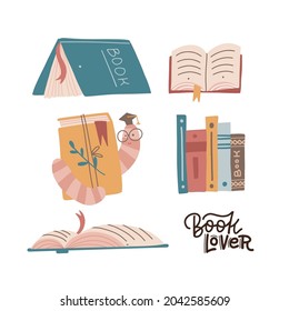 Colección de amantes de libros. Conjunto de libros variados y pila de libros con lombriz de libros en gafas. Ilustraciones de vector plano educativo dibujadas a mano en estilo de dibujos animados