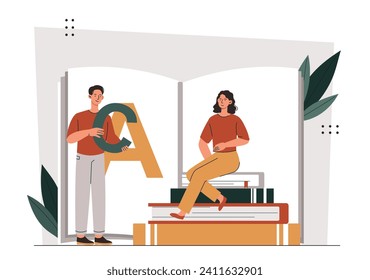 Book lover concept. Man and woman near textbooks or fictions. Education, learning and training. Wisdom and knowledge. Cartoon flat vector illustration isolated on white background