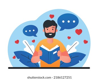 Book lover concept. Young guy reads, international day of literature. Interesting poem or story, useful hobby and rest after work. Education and self development. Cartoon flat vector illustration