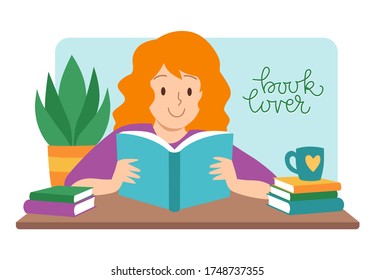 Book lover, cute smiling long hair girl sitting on table with open book. Hand drawn flat vector illustration. Literature fan, home education, reading books. Stay home concept.