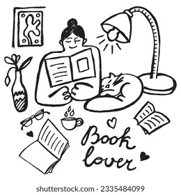 Book lover. Doodle vector isolated illustration. Girl reading a book, cat lying near.