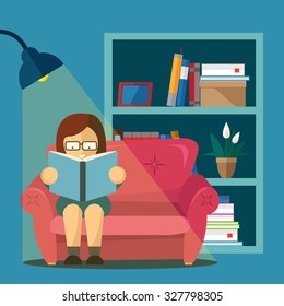 Book lover. Girl sits in a sofa and read a book next to the bookcase. Vector flat  illustration