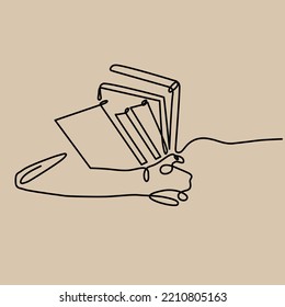 A book lover hugging a stack of books from the library for research. One continious line art.