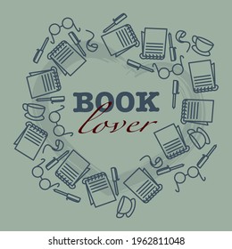 Book lover line art vector illustration. The cover of the notebook. Logo for writers. Literary design. Notebook vector round picture. 