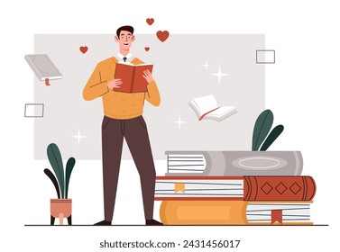Book lover man concept. Young guy with textbook or fiction in hands. Love for literature and reading. Education and learning. Cartoon flat vector illustration isolated on white background