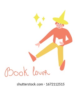 Book lover man reading journal sitting. Bookstore or library themed concept trendy flat cartoon design vector illustration international copyright day. 