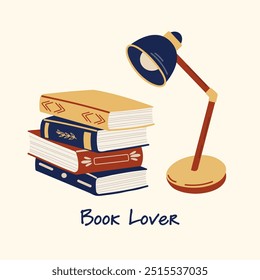 Book lover motivational slogan inscription. Reading vector quote. Stack of books and table lamp vector. Isolated on white background. Inspirational phrase.