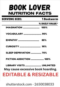 Book Lover Nutrition Facts Label, Reading Enthusiast Nutritional Info