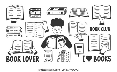 Book Lover Reading Doodle Set. Hand drawn line icons collection with reading person, hand gesture holding turning page text 