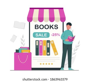 Book lover, reading, library concept. Faceless cartoon character man making order in book store. Stock vector illustration