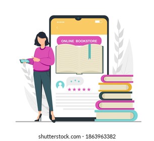 Book lover, reading, library concept. Faceless cartoon character woman making order in book store. Stock vector illustration