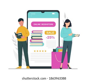 Book lover, reading, library concept. Faceless cartoon characters man woman making order in book store. Stock vector illustration