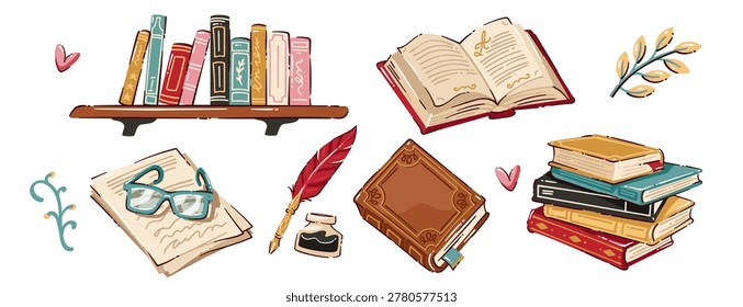 Book lover set with open books, vintage stack, bookshelf, glasses, quill, ink bottle and decorative branches. Reading decor and literary design with book lover set, cartoon vector illustration