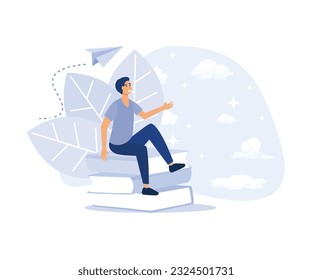 Book Lover Sitting on Books, Teenage Student in Library, College, University or Store. Reading like Lifestyle, flat vector modern illustration
