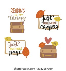 Book lover stickers set. Autumn study reading hobbies. great design for any purposes. Flat vector illustration. Education concept. Cartoon books collection for sticker, t shirt, poster, banner