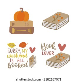 Book lover stickers set. Autumn study reading hobbies. great design for any purposes. Flat vector illustration. Education concept. Cartoon books collection for sticker, t shirt, poster, banner