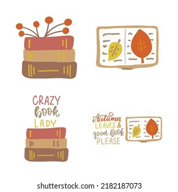 Book lover stickers set. Autumn study reading hobbies. great design for any purposes. Flat vector illustration. Education concept. Cartoon books collection for sticker, t shirt, poster, banner