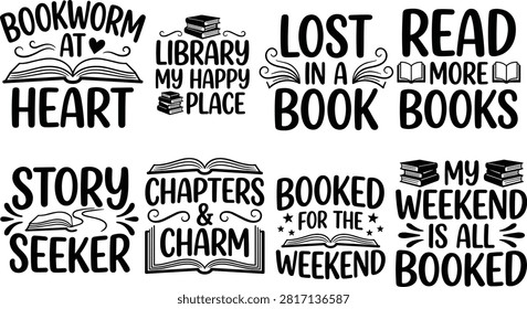 Book Lover Typography Designs with Reading Quotes and Literary Icons for Bibliophiles and Libraries