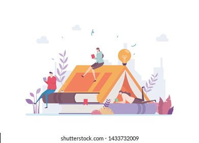 Book Lover Vector Illustration Concept Showing a group of book lover killing time relaxing in a book shape tent, Suitable for landing page, ui, web, App intro card, editorial, flyer, and banner.