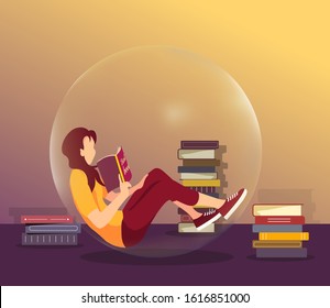 Book lovers, bookstore and bookshop, reading concept. Young woman sitting in bubble and reading book. Vector illustration can be used for poster, banner, card, postcard, commercial.