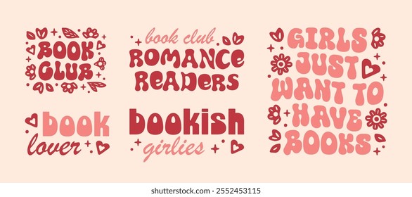 Book lovers club funny bookish girl romance readers girlies quotes sticker shirt design pack bundle set. Cute floral pink groovy preppy retro vintage aesthetic lettering text printable gifts cut file.