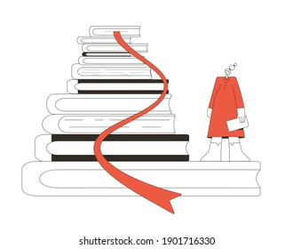 Book lovers for concept. Bookstore. Tiny female character with huge bunch of novels. Vector line art illustration. 
