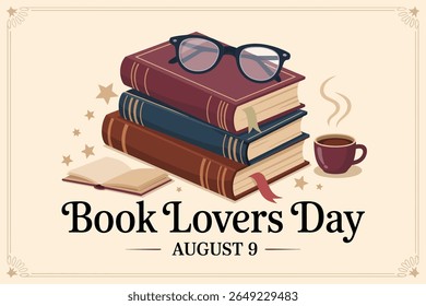 Projeto do distintivo do dia dos amantes do livro com livros empilhados e ilustração da xícara de café para a consciência da leitura de 9 de agosto