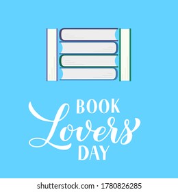 Book Lovers Day calligraphy hand lettering with stack of books. Easy to edit vector template for logo design, greeting card, banner, poster, sign, flyer, etc.