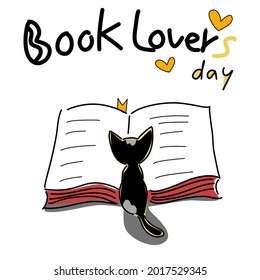 Book lovers day card cat reading big book with wording Book lovers day doodle hand drawn cartoon vector