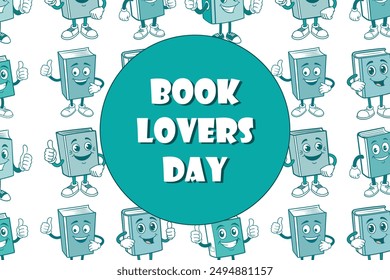 Book Lovers Day celebration poster with smiling book characters. Features vibrant teal and white colors, for web design and educational materials. Includes prominent text Book Lovers Day in the center