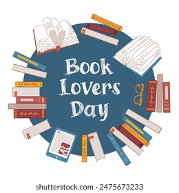 Book Lovers day, club. Round frame made of books. Stacks of textbooks, e-book, glasses. Concept for lovers of reading. Vector illustration in doodle style. For banner, website