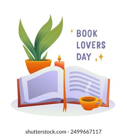 Book Lovers Day. Cozy Home Atmosphere with Book, Tea, Vase and Candle. Concept Card for Lovers of Reading. Bibliophile, Bookstore, Bookshop Vector Illustration.