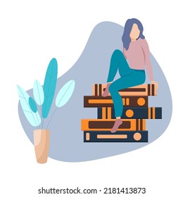 Book Lovers Day. A cute girl sitting on the books. Reading books. Book lovers, fans of literature. Concept of Book Week or World Book Day. Flat vector style illustration isolated on white background.