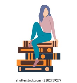 Book Lovers Day. A cute girl sitting on the books. Hobby reading. Book lovers, fans of literature. Concept of Book Week or World Book Day. Flat vector style illustration isolated on white background.