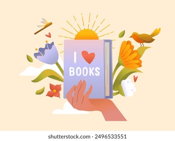 Book Lovers Day. Hand Holds a Book. Concept Card for Lovers of Reading. Bibliophile, Bookstore, Bookshop Vector Illustration.