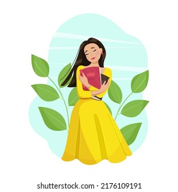 Día del amante de los libros, una chica feliz abraza libros. Leer más concepto de libros. Ilustración vectorial al estilo de las caricaturas planas.